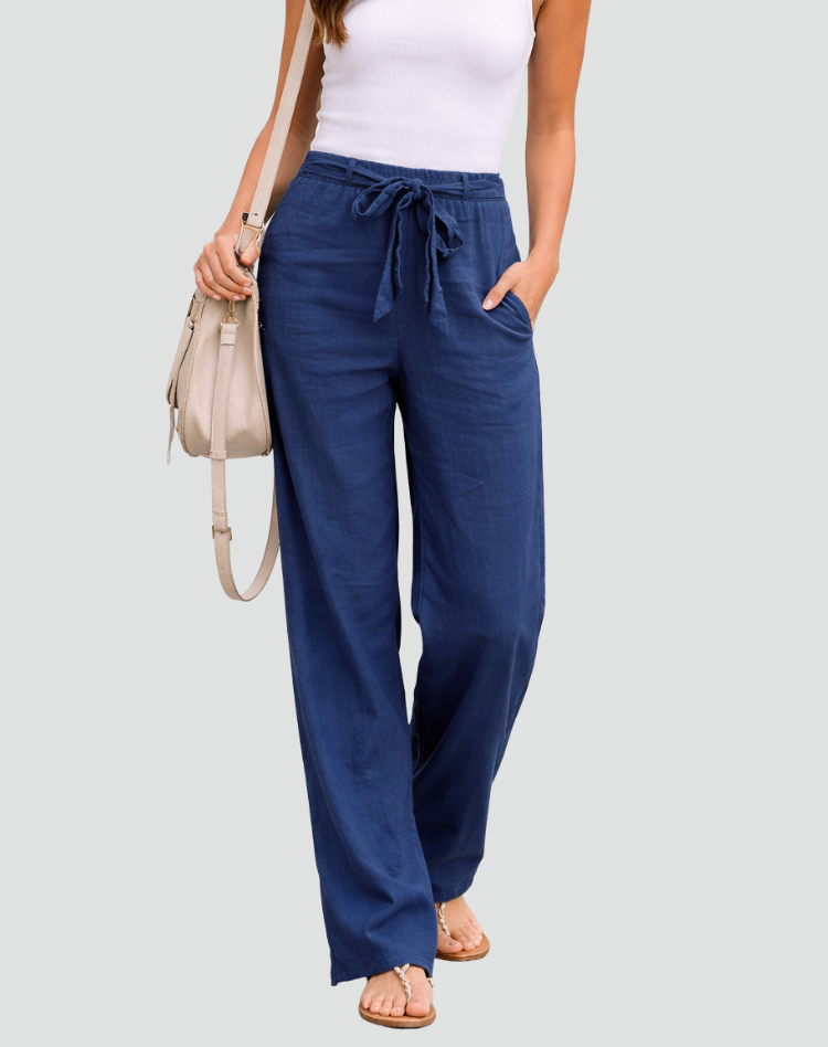Pantalon femme en lin jambe large avec cordon - Souple et leger
