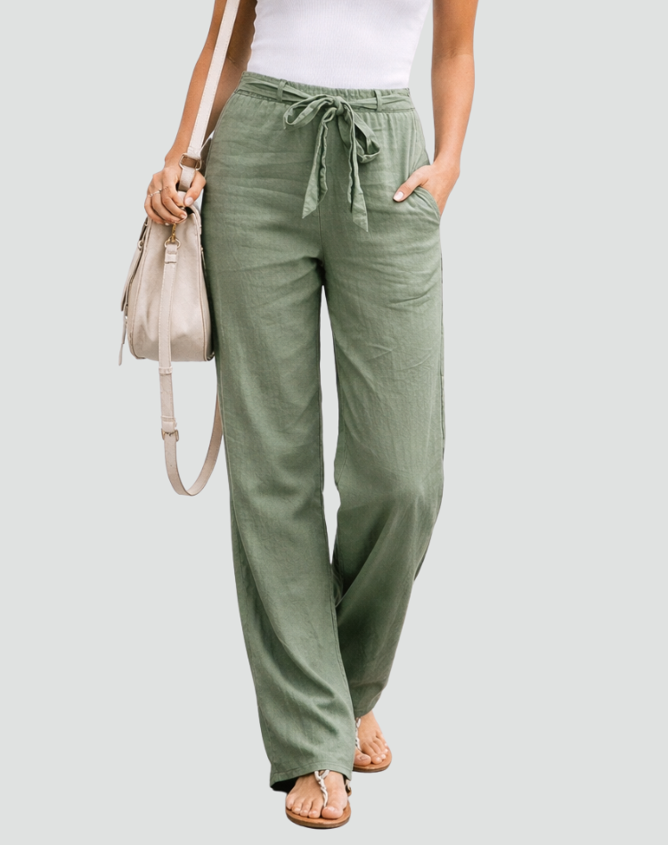 Pantalon femme en lin jambe large avec cordon - Souple et leger