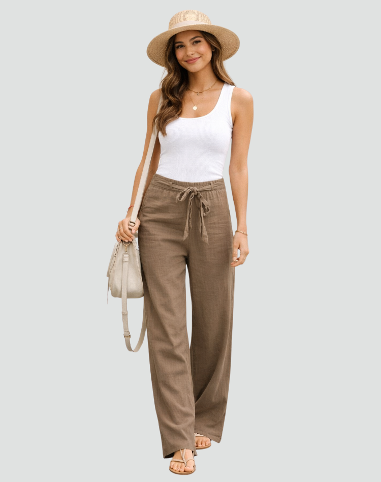 Pantalon femme en lin jambe large avec cordon - Souple et leger