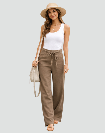 Pantalon femme en lin jambe large avec cordon - Souple et leger
