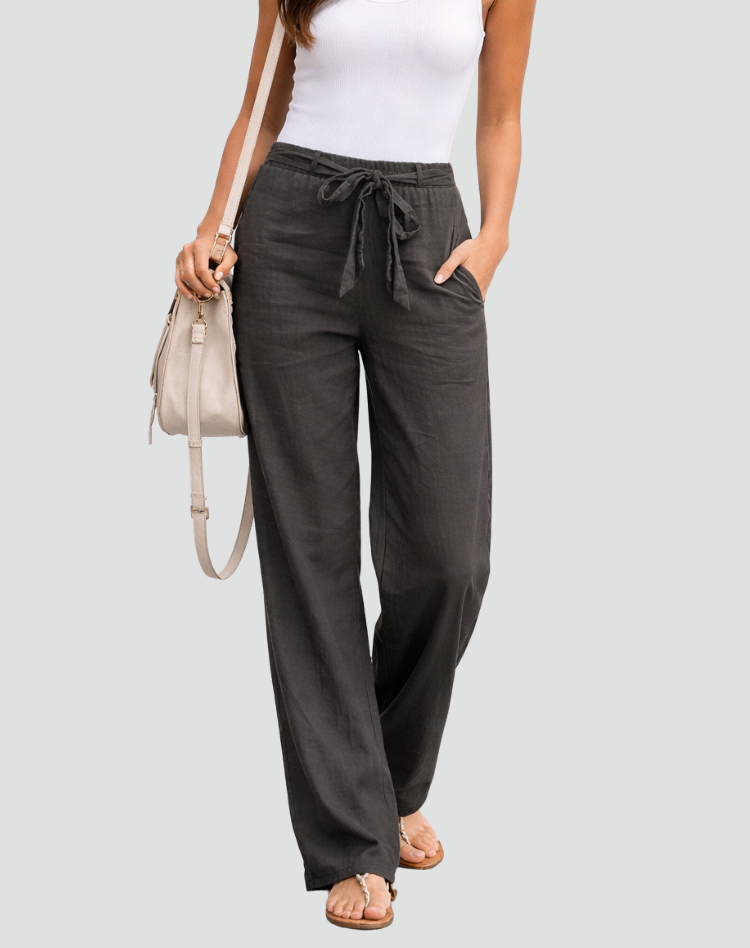 Pantalon femme en lin jambe large avec cordon - Souple et leger