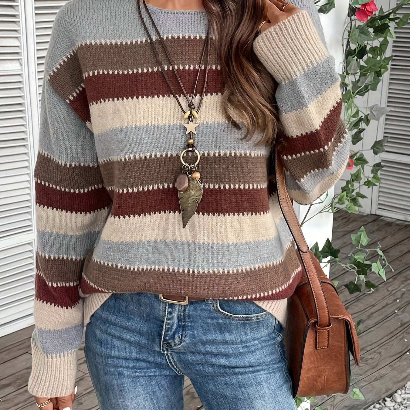 Pull Coloré à Col Rond pour Femme - Maille à Manches Longues et Épaules Tombantes
