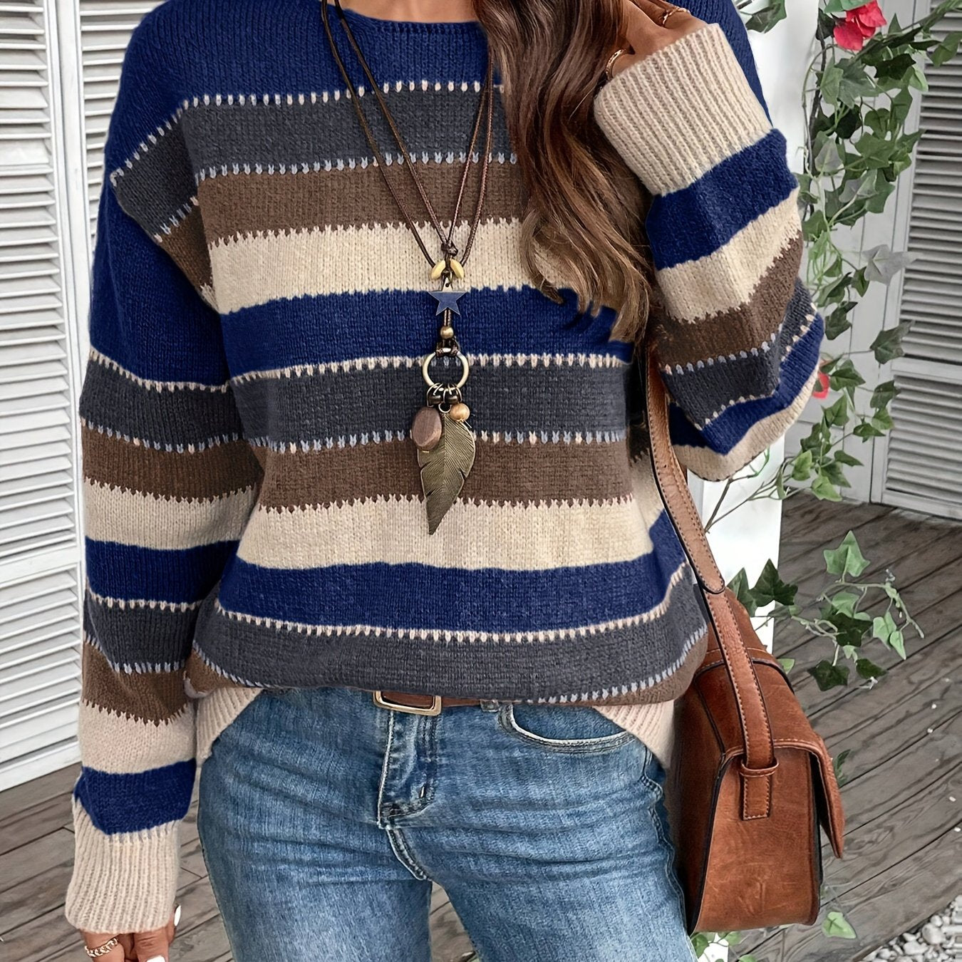Pull Coloré à Col Rond pour Femme - Maille à Manches Longues et Épaules Tombantes