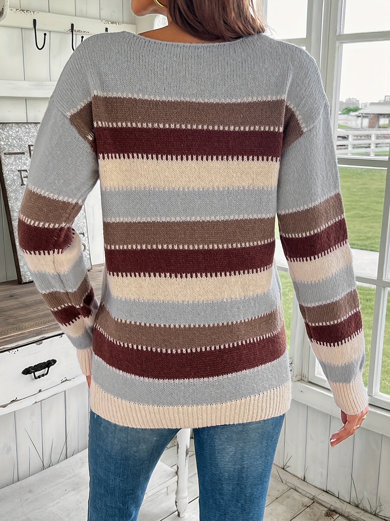 Pull Coloré à Col Rond pour Femme - Maille à Manches Longues et Épaules Tombantes