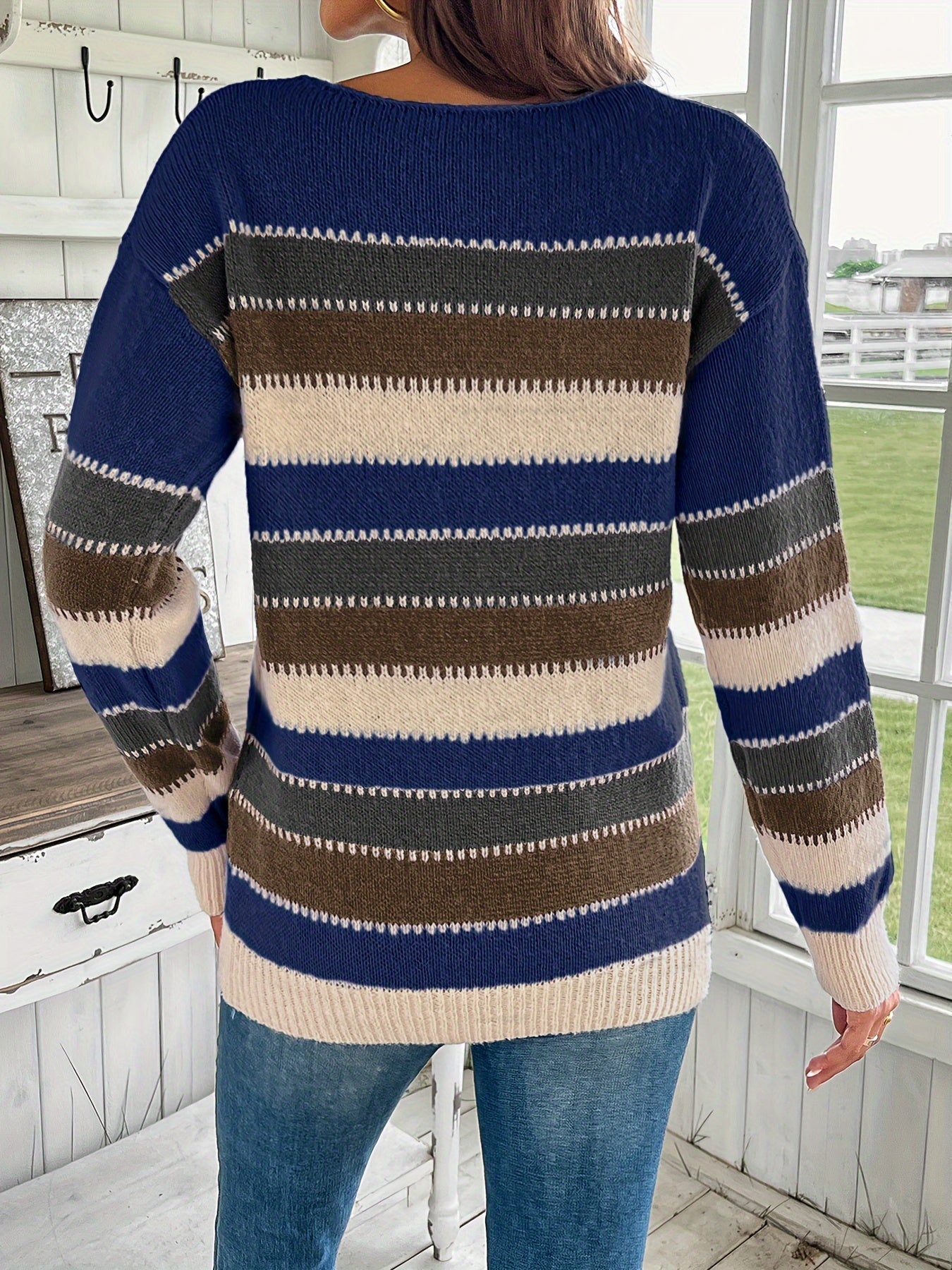 Pull Coloré à Col Rond pour Femme - Maille à Manches Longues et Épaules Tombantes