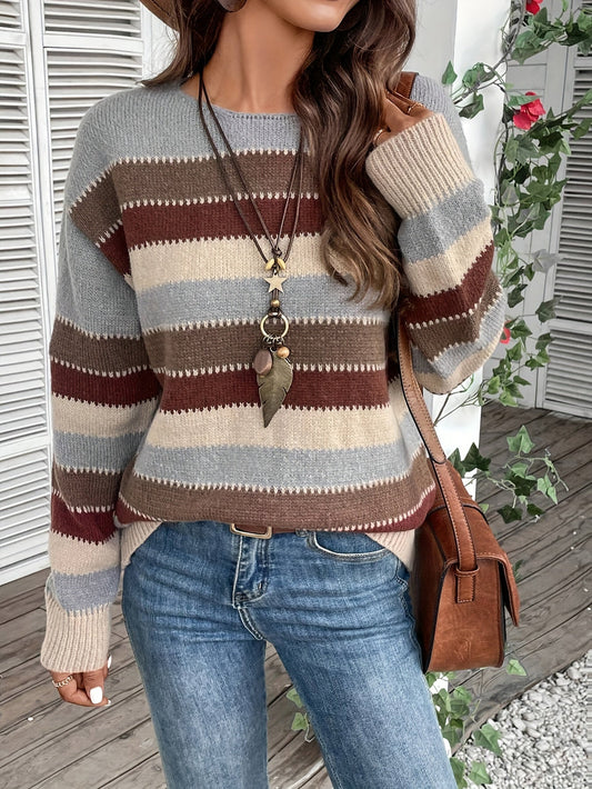 Pull Coloré à Col Rond pour Femme - Maille à Manches Longues et Épaules Tombantes