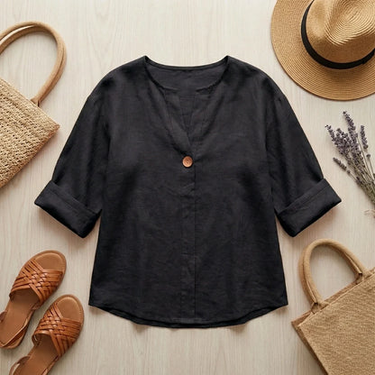 Tunique Femme en Mélange Lin Col V – Blouse Confort Décontracté