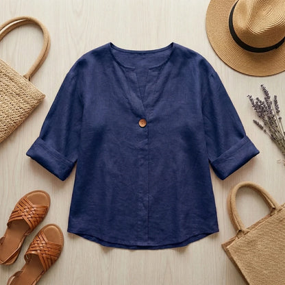 Tunique Femme en Mélange Lin Col V – Blouse Confort Décontracté