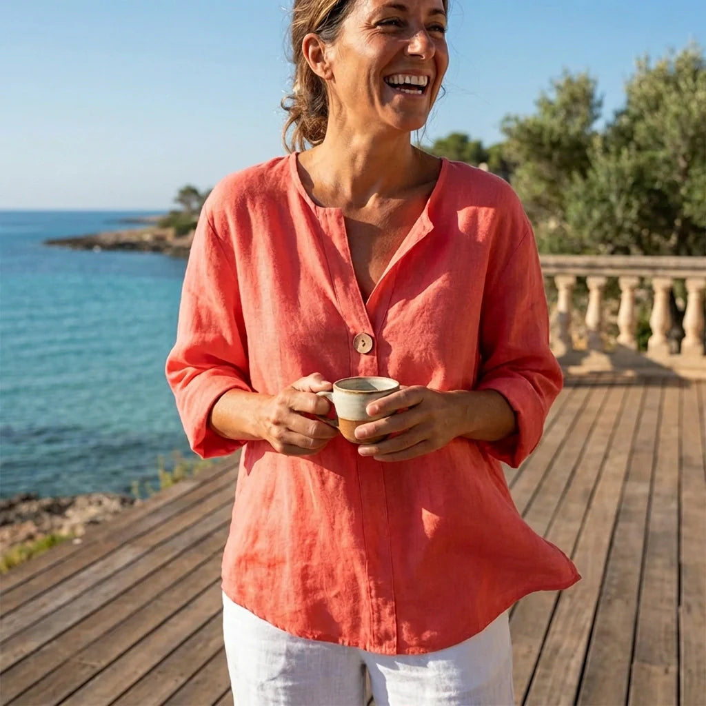 Tunique Femme en Mélange Lin Col V – Blouse Confort Décontracté