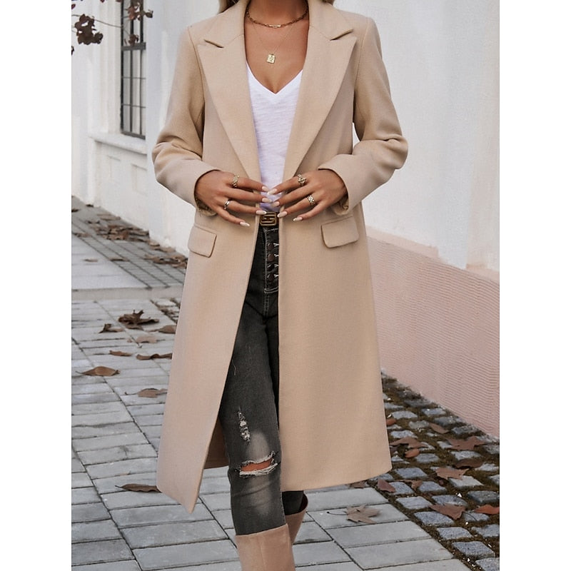 Manteau long femme à col revers – Chaud et élégant