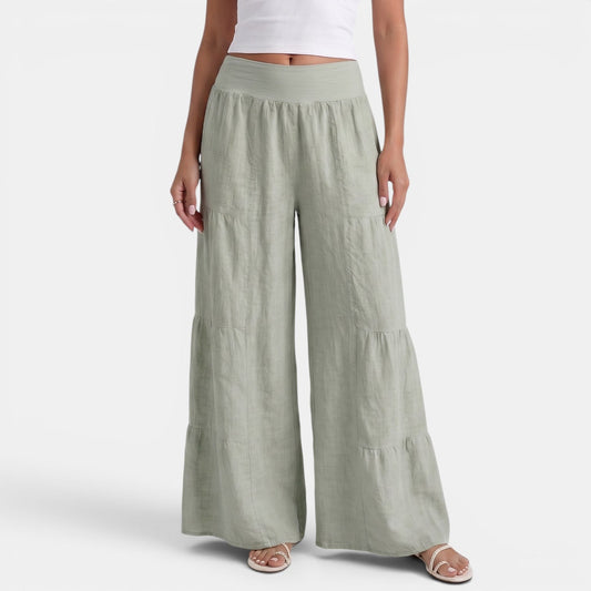 Women’s linen trousers with a wide, flowing fit – lightweight, chic, and elegant style