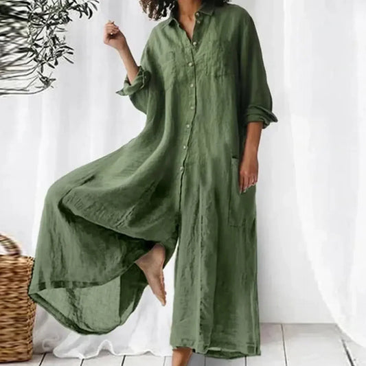 Combinaison ample légère boutonnée jambes larges femmes – confortable