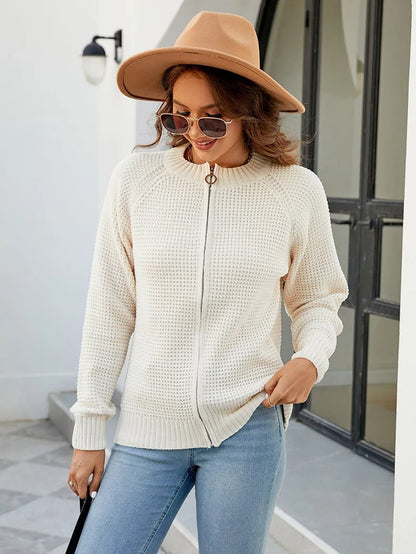 Women's solid-color zip-up long-sleeve cardigan - Simple and comfortable