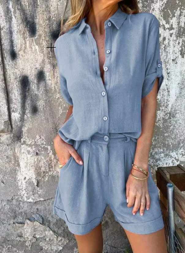 Ensemble été Femme 2 Pièces - Short Et Chemise Manches Courtes En Lin, Tenue Décontractée Plage