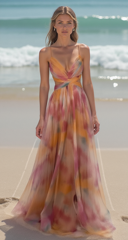 Robe longue élégante avec imprimé et laçage raffiné pour un look chic