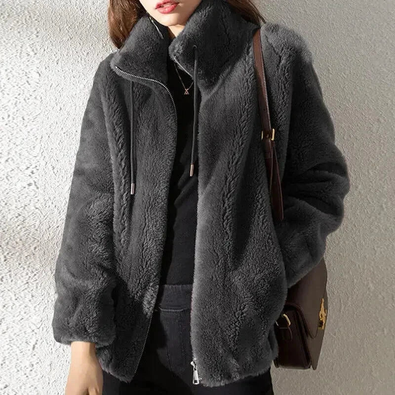 Abrigo liso y acogedor para mujer con cordón de ajuste – Prenda de abrigo de invierno informal, suave y cómoda