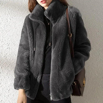 Abrigo liso y acogedor para mujer con cordón de ajuste – Prenda de abrigo de invierno informal, suave y cómoda