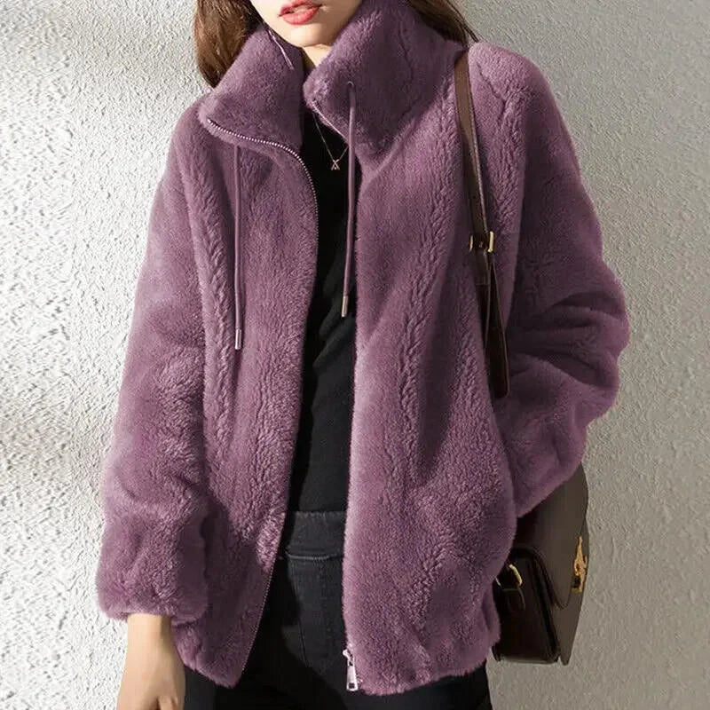 Abrigo liso y acogedor para mujer con cordón de ajuste – Prenda de abrigo de invierno informal, suave y cómoda