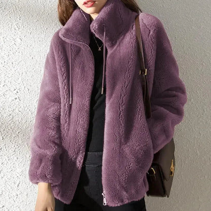 Abrigo liso y acogedor para mujer con cordón de ajuste – Prenda de abrigo de invierno informal, suave y cómoda