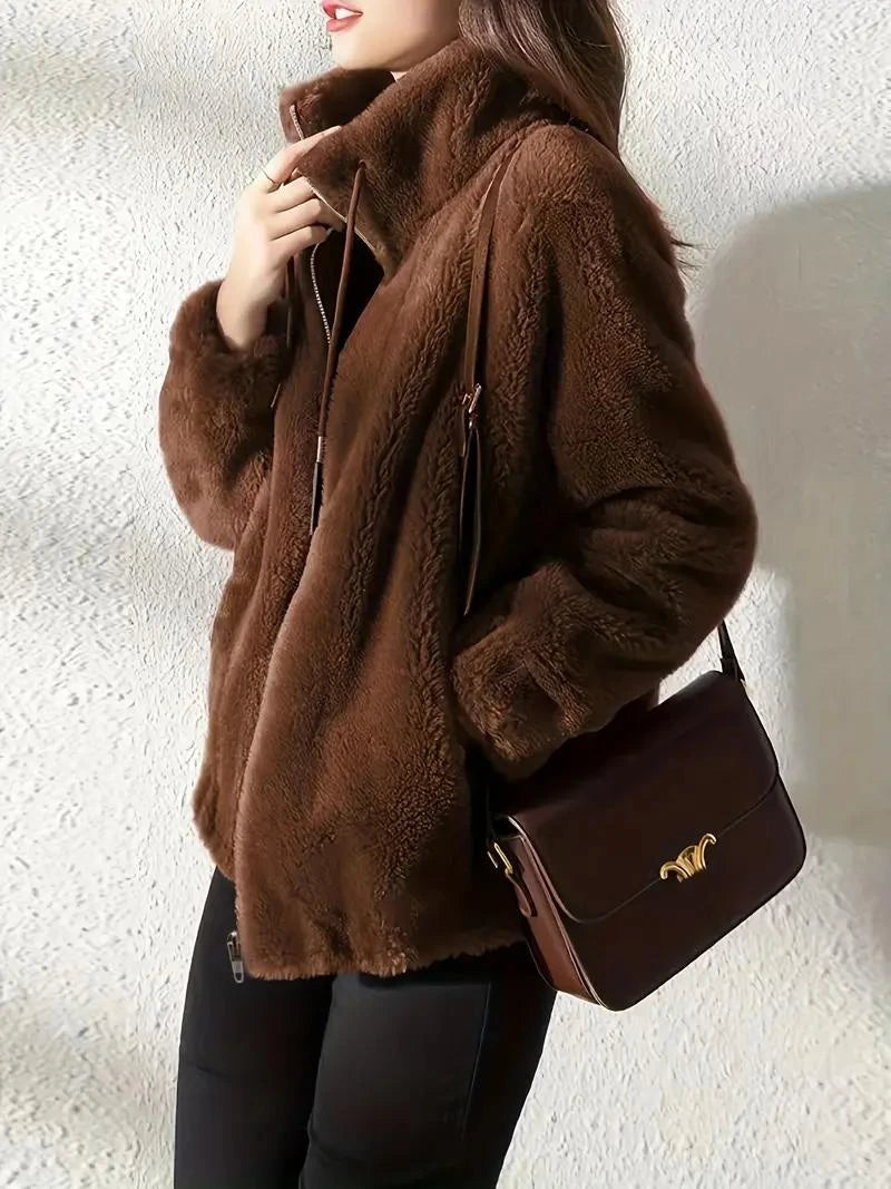 Abrigo liso y acogedor para mujer con cordón de ajuste – Prenda de abrigo de invierno informal, suave y cómoda