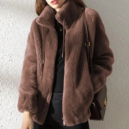 Abrigo liso y acogedor para mujer con cordón de ajuste – Prenda de abrigo de invierno informal, suave y cómoda