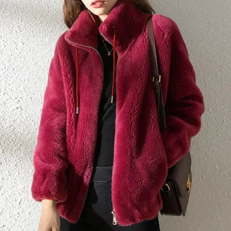 Abrigo liso y acogedor para mujer con cordón de ajuste – Prenda de abrigo de invierno informal, suave y cómoda