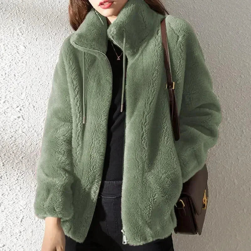 Abrigo liso y acogedor para mujer con cordón de ajuste – Prenda de abrigo de invierno informal, suave y cómoda