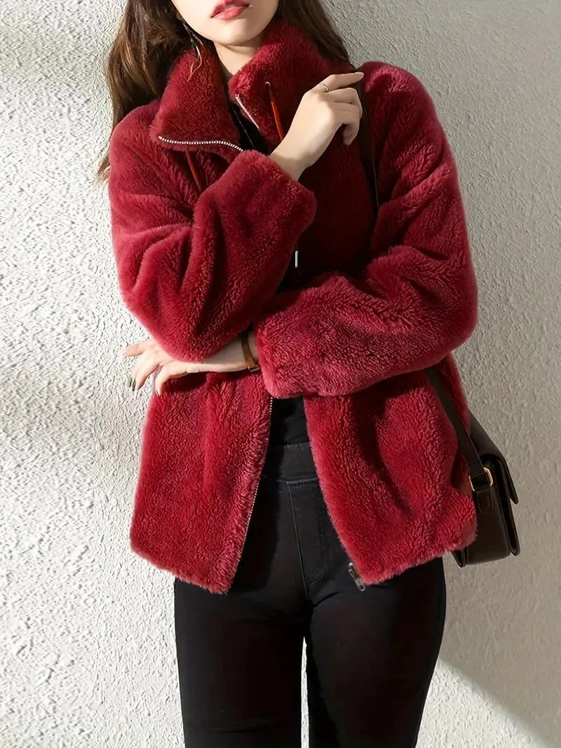 Abrigo liso y acogedor para mujer con cordón de ajuste – Prenda de abrigo de invierno informal, suave y cómoda