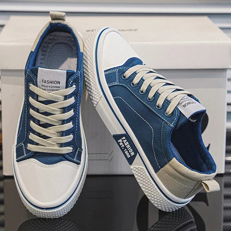 Baskets Rétro Homme en Toile – Chaussures Basses Bleu et Blanc Confortables