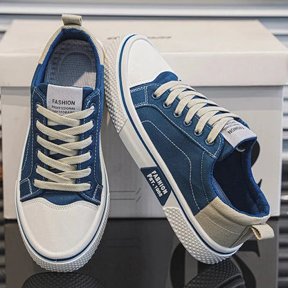 Baskets Rétro Homme en Toile – Chaussures Basses Bleu et Blanc Confortables