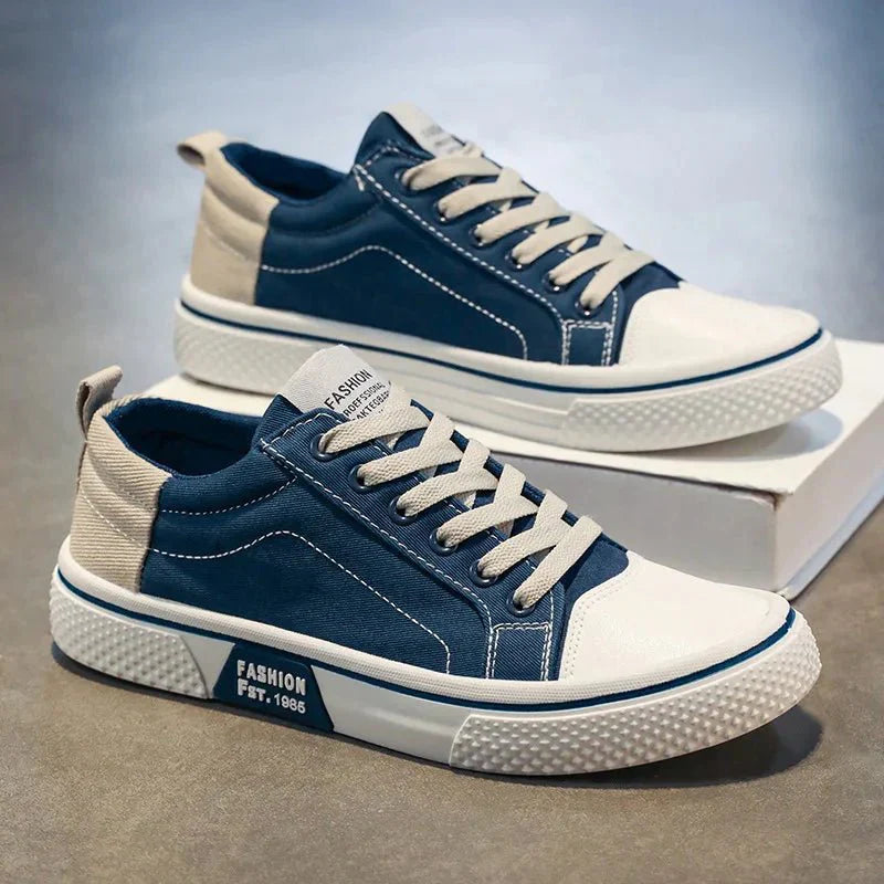 Baskets Rétro Homme en Toile – Chaussures Basses Bleu et Blanc Confortables
