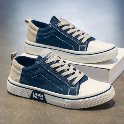 Baskets Rétro Homme en Toile – Chaussures Basses Bleu et Blanc Confortables
