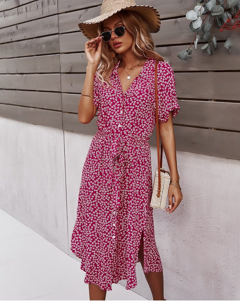Robe d’été femme avec liens – Robe midi décontractée à fleurs et boutons