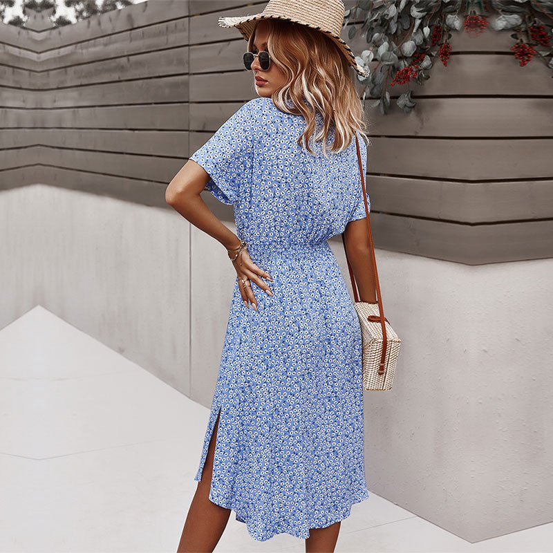 Robe d’été femme avec liens – Robe midi décontractée à fleurs et boutons