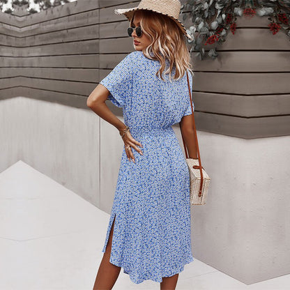 Robe d’été femme avec liens – Robe midi décontractée à fleurs et boutons