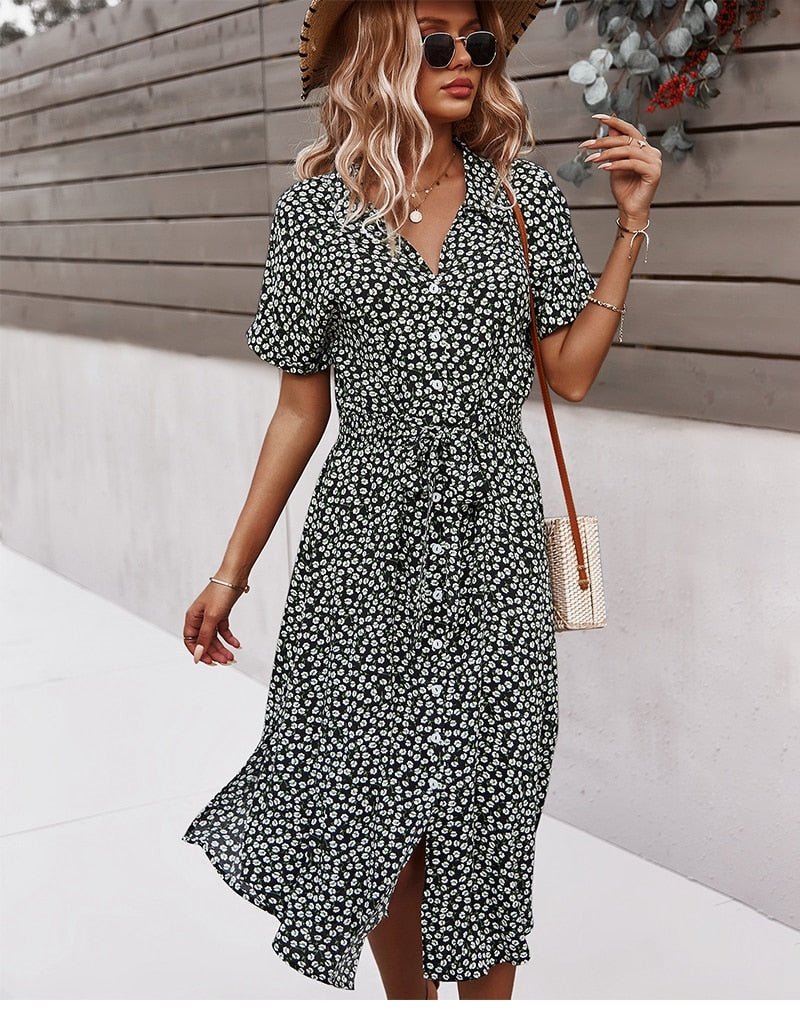 Robe d’été femme avec liens – Robe midi décontractée à fleurs et boutons