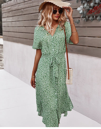 Robe d’été femme avec liens – Robe midi décontractée à fleurs et boutons