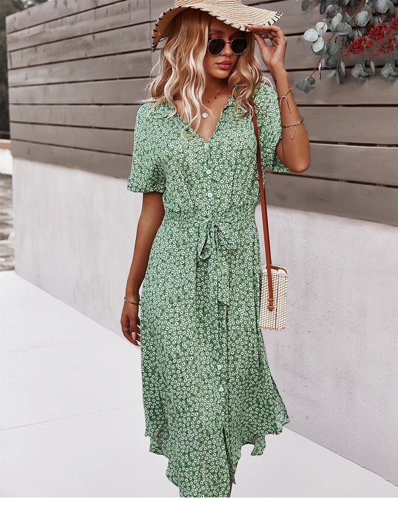 Robe d’été femme avec liens – Robe midi décontractée à fleurs et boutons