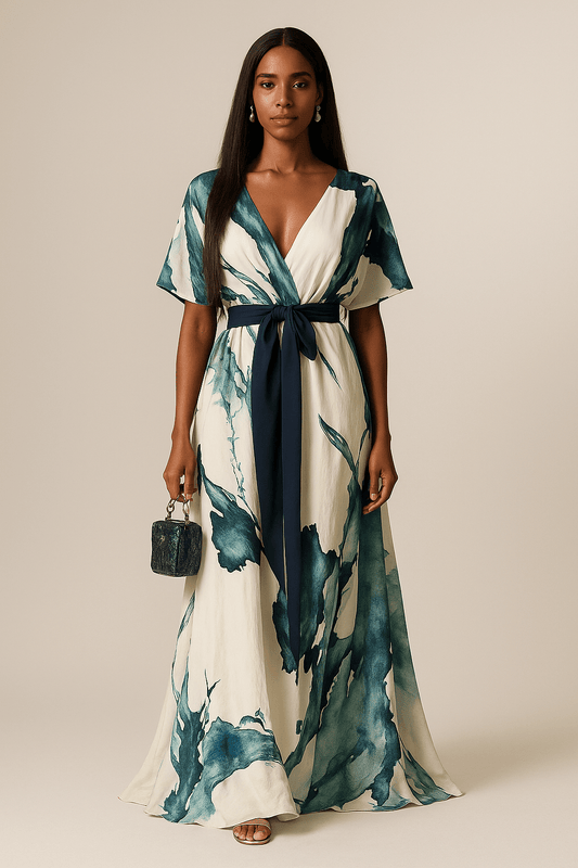Women's Maxi Dress Watercolor Print - Elegant Flowing Long Dress