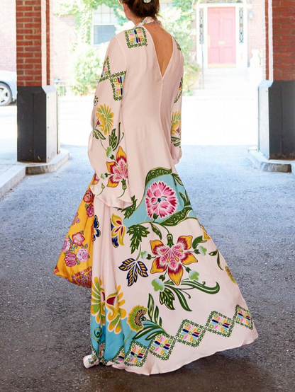 Robe maxi femme fleurie manches longues – Robe longue élégante à col montant fluide