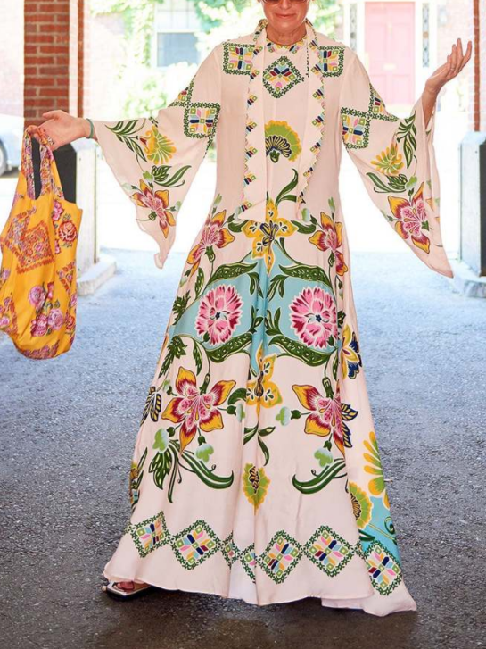 Robe maxi femme fleurie manches longues – Robe longue élégante à col montant fluide