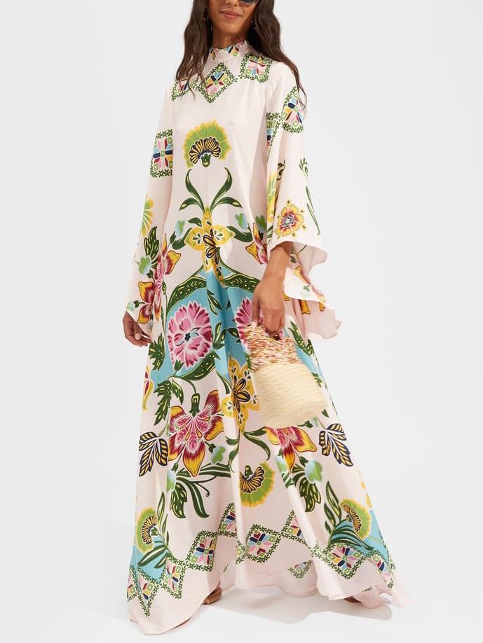 Robe maxi femme fleurie manches longues – Robe longue élégante à col montant fluide