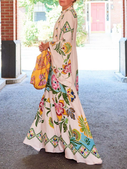 Robe maxi femme fleurie manches longues – Robe longue élégante à col montant fluide