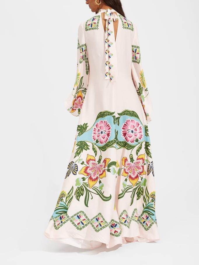 Robe maxi femme fleurie manches longues – Robe longue élégante à col montant fluide