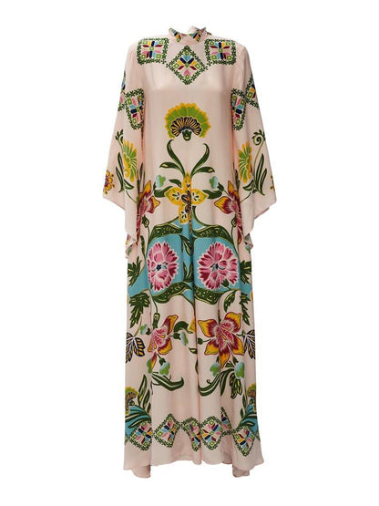 Robe maxi femme fleurie manches longues – Robe longue élégante à col montant fluide