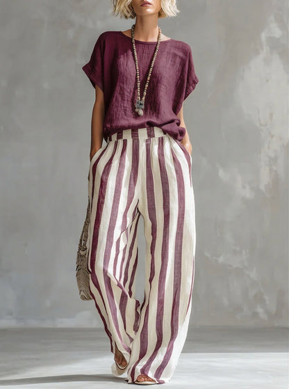 Ensemble femme rayé en coton et lin – Coupe ample décontractée