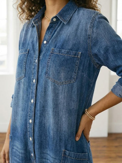 Combinaison Femme en Denim Foncé Délavé – Style Utility Décontracté à Boutons
