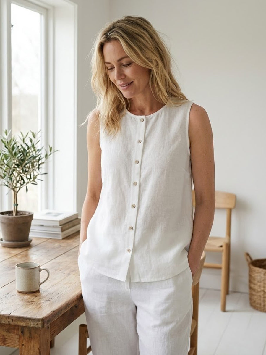 Débardeur Femme en Lin à Boutons – Style Léger Décontracté Été