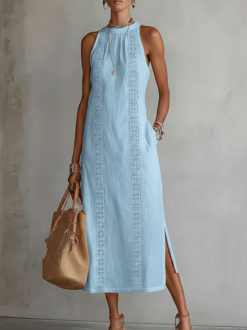 Robe midi d’été femme à col mao – Robe fluide légère et naturelle
