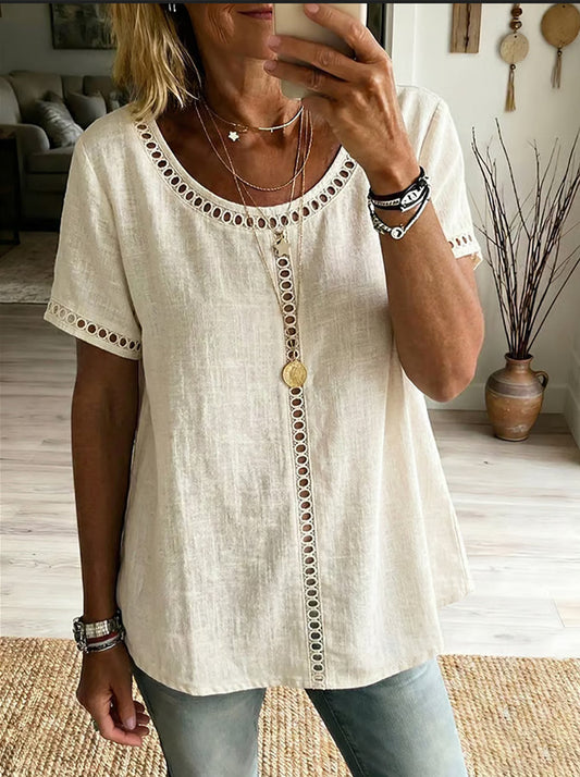 Women's patchwork top in cotton and linen – Chic casual openwork knit